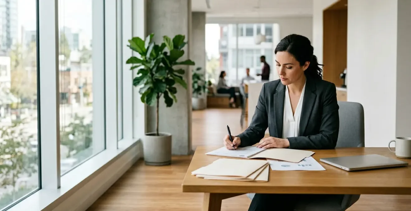 Professionnel analysant des documents financiers dans un environnement de bureau moderne