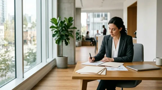 Professionnel analysant des documents financiers dans un environnement de bureau moderne