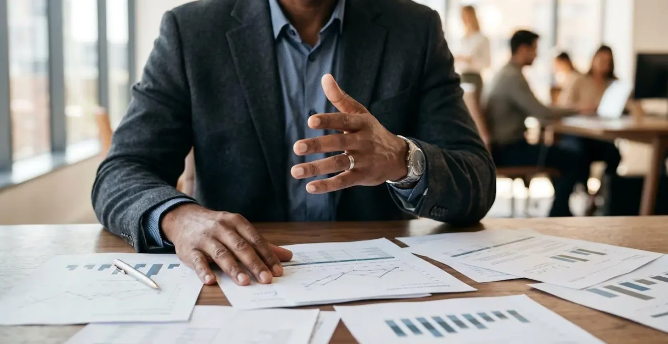 Scène de conseil stratégique en entreprise pour l'évaluation et la valorisation d'une société