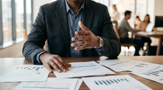 Scène de conseil stratégique en entreprise pour l'évaluation et la valorisation d'une société