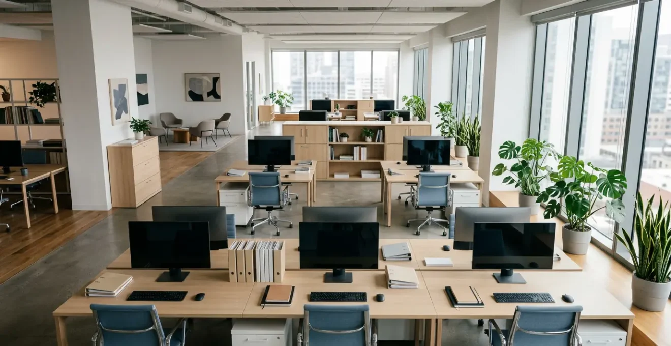 Espace de bureau professionnel contemporain illustrant la protection des locaux et équipements d'entreprise