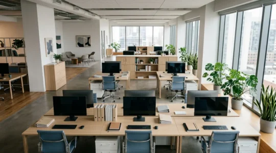 Espace de bureau professionnel contemporain illustrant la protection des locaux et équipements d'entreprise