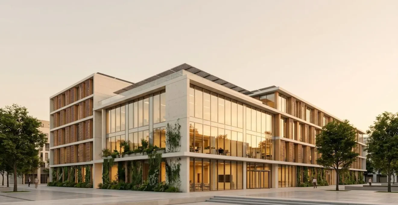 Immeuble de bureaux moderne avec éléments de performance énergétique et architecture durable