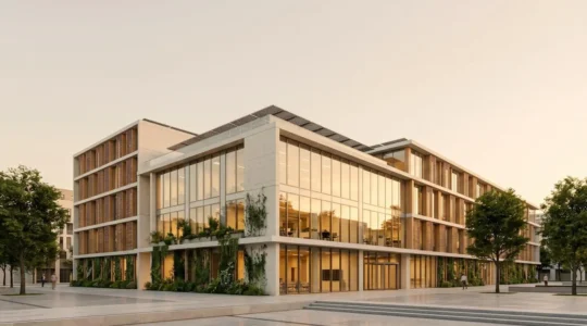 Immeuble de bureaux moderne avec éléments de performance énergétique et architecture durable