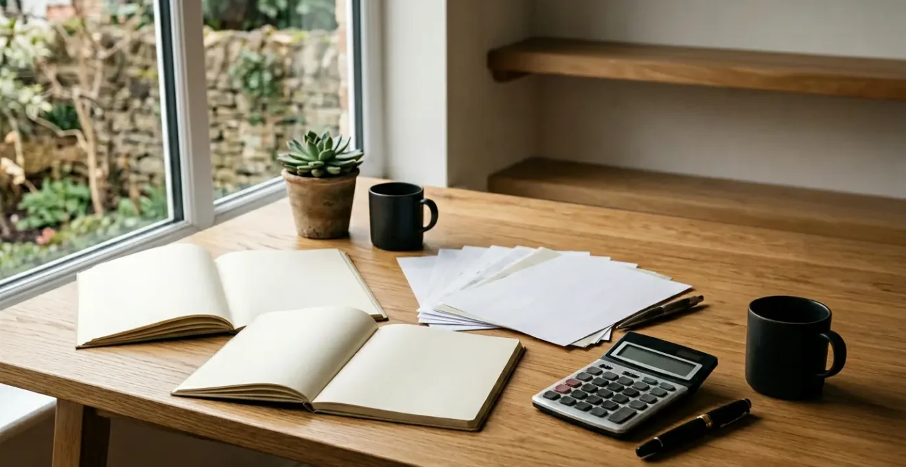 Bureau moderne avec registres comptables ouverts, stylo et calculatrice dans un environnement professionnel épuré