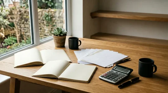 Bureau moderne avec registres comptables ouverts, stylo et calculatrice dans un environnement professionnel épuré