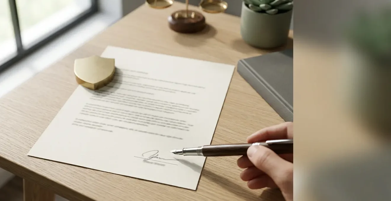 Document contractuel pour freelance avec stylo et clauses de protection juridique
