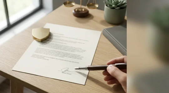 Document contractuel pour freelance avec stylo et clauses de protection juridique