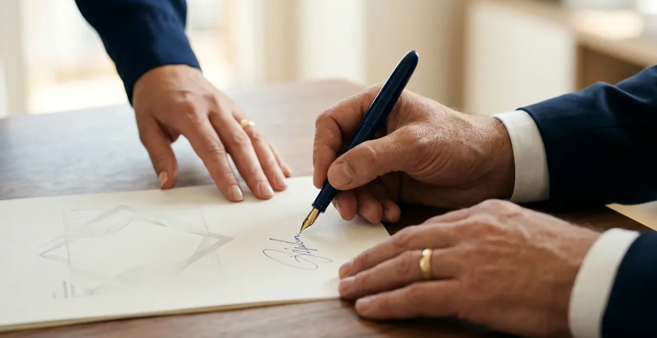 Gros plan sur des mains professionnelles signant un document de contrat, ambiance de bureau minimaliste