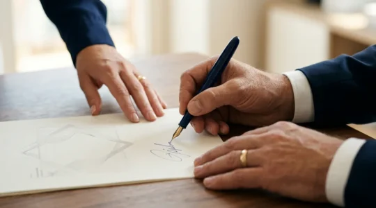 Gros plan sur des mains professionnelles signant un document de contrat, ambiance de bureau minimaliste