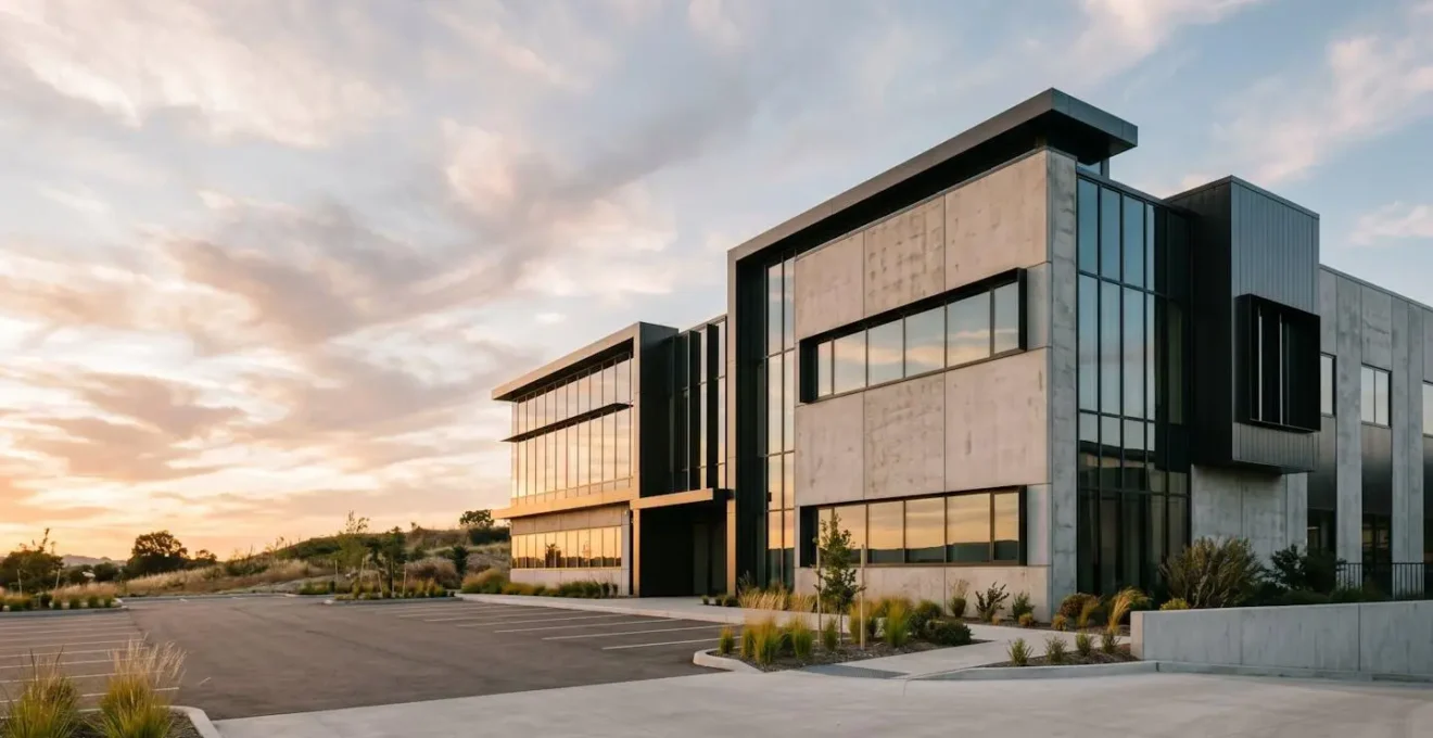 Vue d'ensemble d'un bâtiment commercial moderne financé par crédit-bail