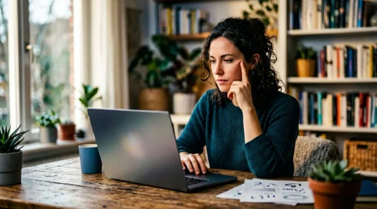 Freelance comparant des offres de mutuelles santé en ligne sur son espace de travail moderne