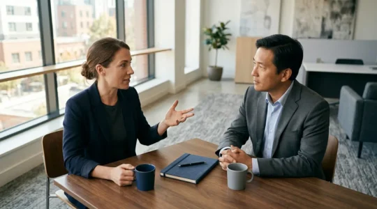 Négociation professionnelle entre freelance et client dans un environnement de travail moderne