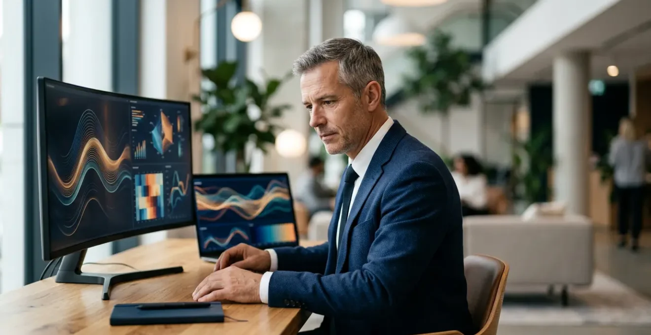 Directeur financier analysant des indicateurs de trésorerie sur un tableau de bord moderne