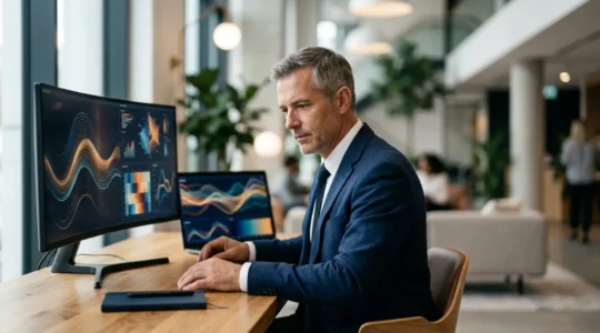 Directeur financier analysant des indicateurs de trésorerie sur un tableau de bord moderne