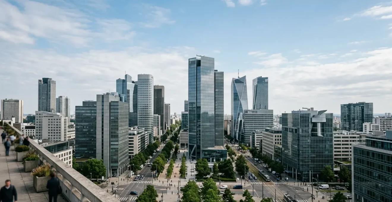 Vue d'ensemble d'un quartier d'affaires moderne avec immeubles de bureaux et espaces professionnels