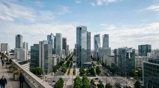 Vue d'ensemble d'un quartier d'affaires moderne avec immeubles de bureaux et espaces professionnels