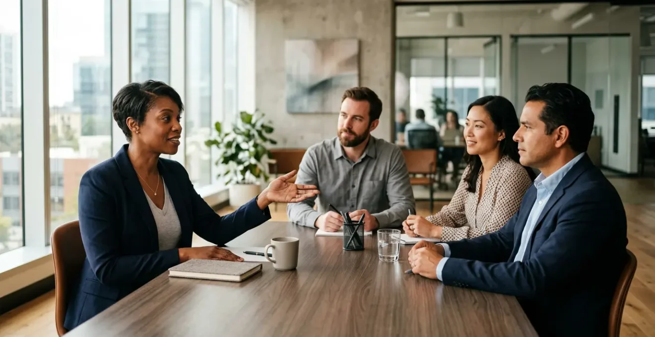Professionnels en réunion collaborative autour d'une table moderne évoquant la stratégie RH et les avantages sociaux en entreprise