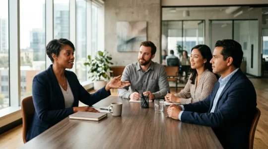 Professionnels en réunion collaborative autour d'une table moderne évoquant la stratégie RH et les avantages sociaux en entreprise