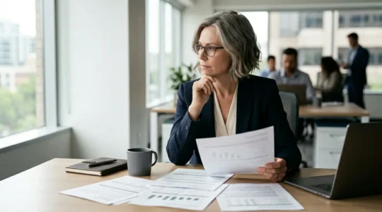 Chef d'entreprise analysant des documents de mutuelle santé pour ses salariés