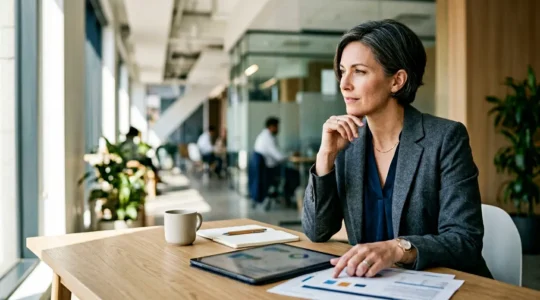 Directeur financier analysant des données économiques dans un environnement professionnel moderne