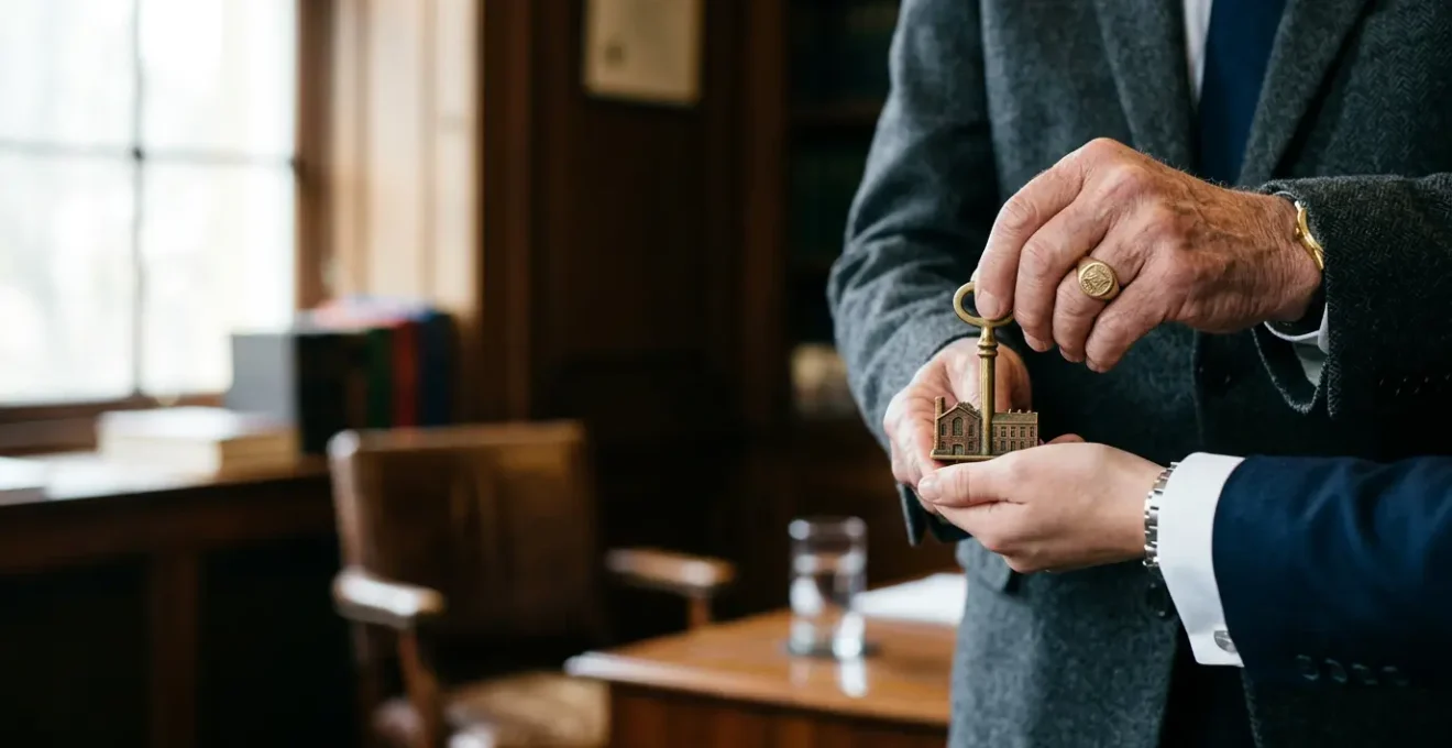 Scène symbolique représentant la transmission d'entreprise familiale avec engagement et continuité