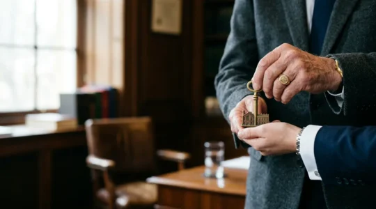 Scène symbolique représentant la transmission d'entreprise familiale avec engagement et continuité