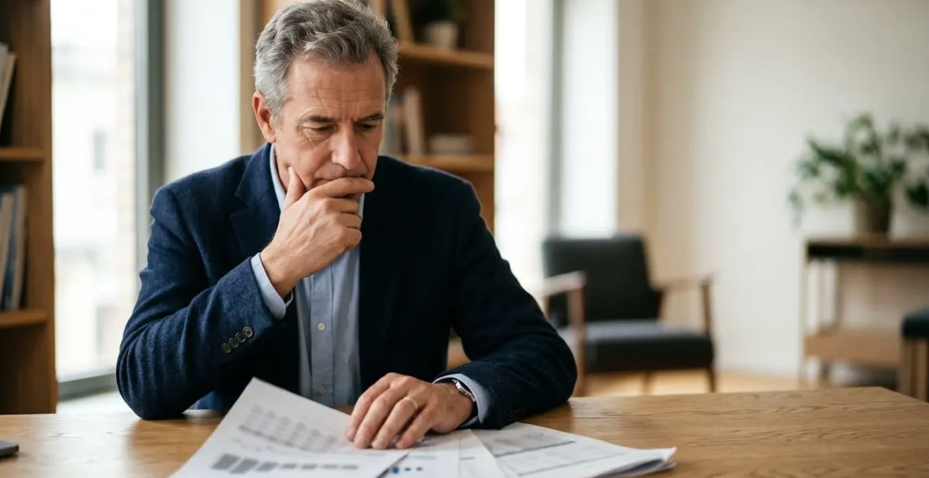 Dirigeant d'entreprise contemplant une strategie de transmission avec documents fiscaux et mains professionnelles en reunion