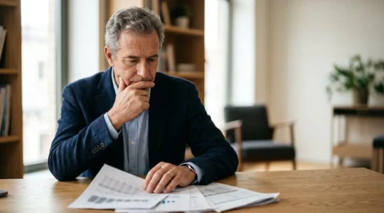 Dirigeant d'entreprise contemplant une strategie de transmission avec documents fiscaux et mains professionnelles en reunion
