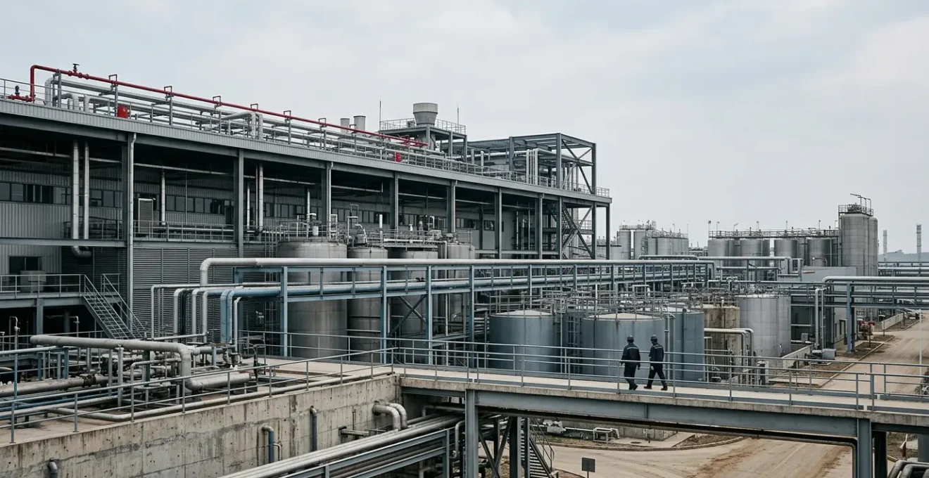 Vue panoramique d'une usine industrielle moderne avec équipements de production et systèmes de sécurité