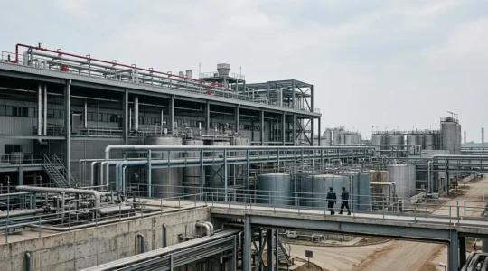 Vue panoramique d'une usine industrielle moderne avec équipements de production et systèmes de sécurité
