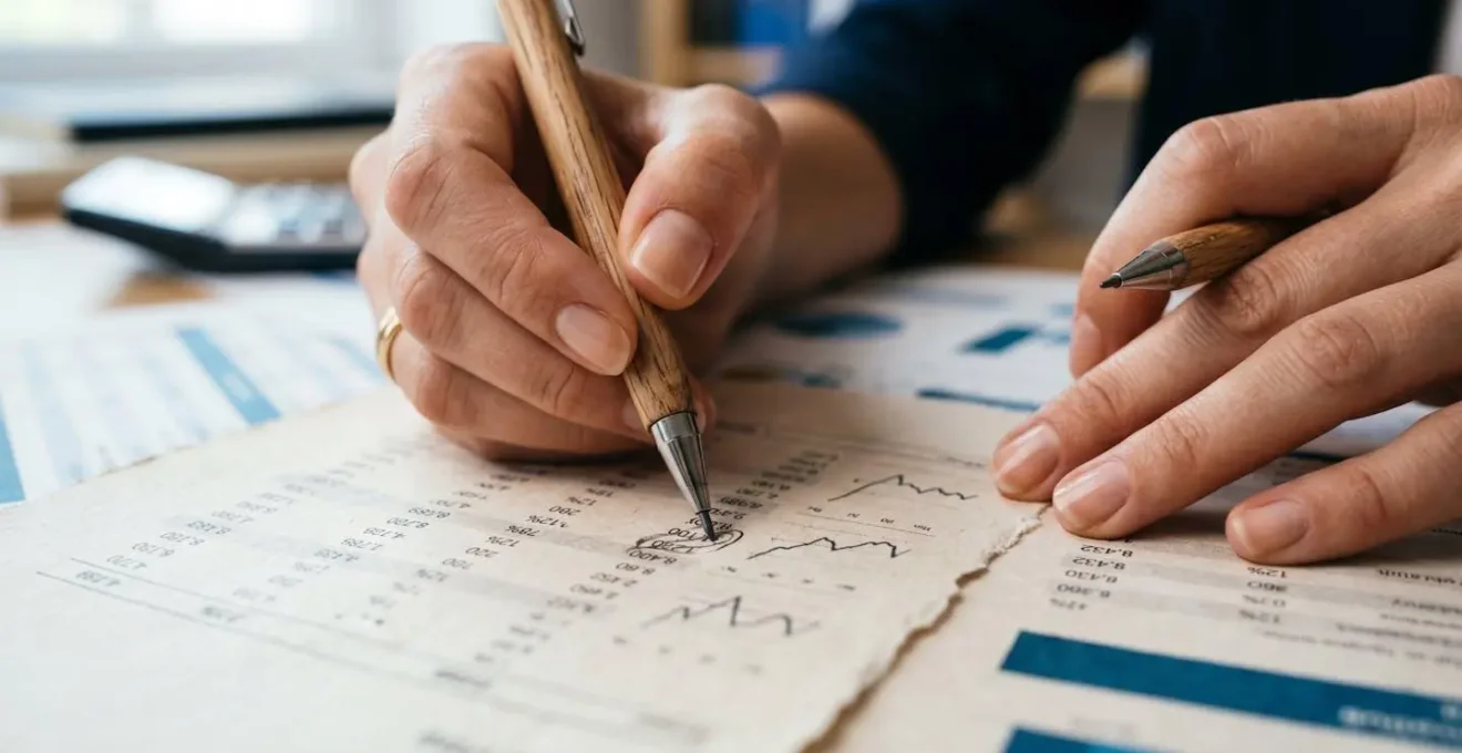 Gros plan sur des mains calculant la marge brute à partir de documents comptables