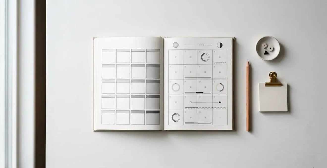 Vue en plongée sur un calendrier minimaliste avec des éléments symbolisant l'attente et la temporalité