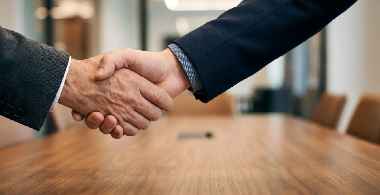 Poignee de main professionnelle entre cedant et repreneur avec documents de credit vendeur sur table en bois