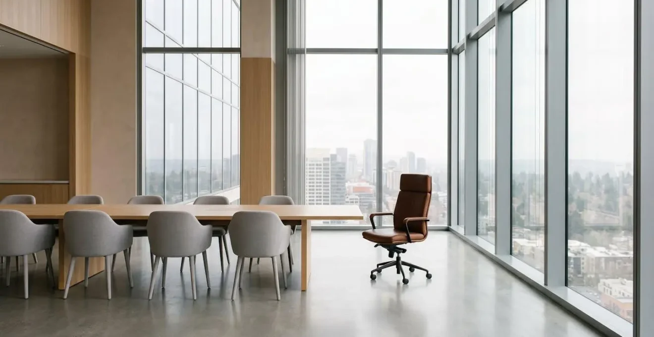 Plan large minimaliste d'un environnement professionnel avec lumière naturelle et espace négatif